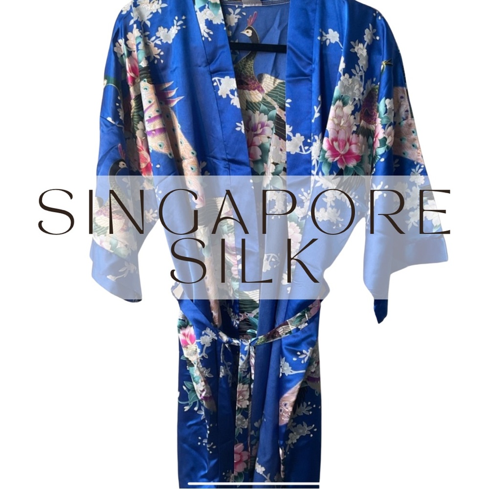 Blue Silk Floral Kimono Robe